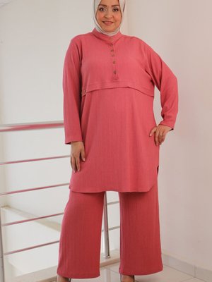 Gül Kurusu Büyük Beden Bürümcük Pantoluonlu Takım Gül Kurusu Büyük Beden Bürümcük Pantoluonlu Takım