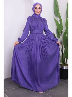Lila Kol Bağlamlı Piliseli Tül Şifon Abiye Elbise