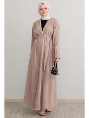 Boydan Pileli Detay Uzun Bej Krep Hırka