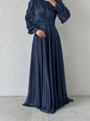 Drape Detaylı Simli Abiye Elbise Lacivert Drape Detaylı Simli Abiye Elbise Lacivert