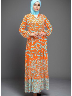 Pamuklu Desenli Elbise Turuncu