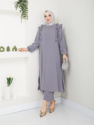 Boncuklu Taşlı Fırfırlı Tunik Pantolon Aerobin Büyük Beden İkili Takım