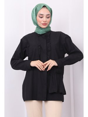 Siyah Cep Detaylı Fırfırlı Tunik