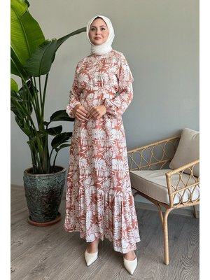 Palmiye Desen Somon Viskon Elbise