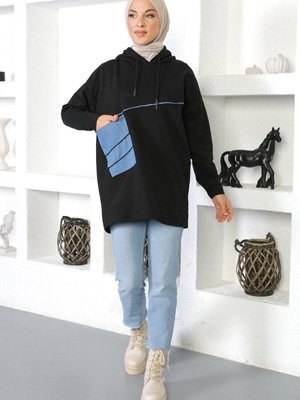 Kapüşonlu Sweatshirt Siyah Kapüşonlu Sweatshirt Siyah