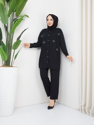 Taşlı Yakalı Uzun Kol Yazlık Siyah Keten Alt Üst Takım Taşlı Yakalı Uzun Kol Yazlık Siyah Keten Alt Üst Takım
