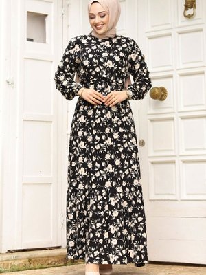 Çiçek Desenli Beli Kuşaklı Volanlı Elbise Siyah