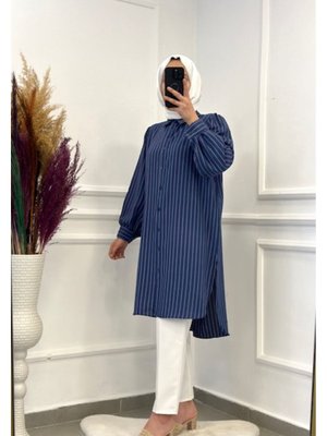 Balon Kol Çizgili Uzun Gömlek Lacivert Balon Kol Çizgili Uzun Gömlek Lacivert