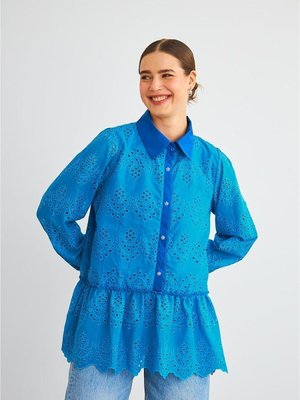 Vale Taş İşlemeli Eteği Fırfırlı Brode Saks Gömlek