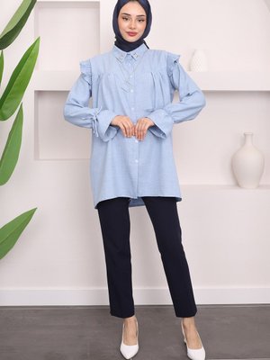 Bebe Mavi Yaka Bronşlu Omuz Piliseli Gömlek