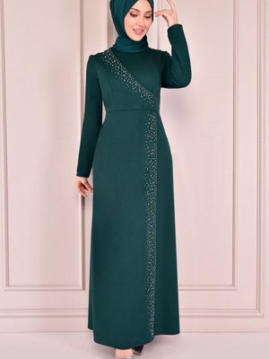 Taş Işlemeli Uzun Abiye Elbise Zümrüt