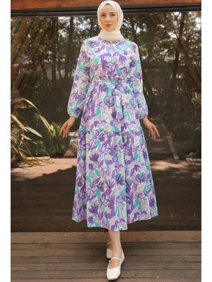 Lila Desenli Elbise