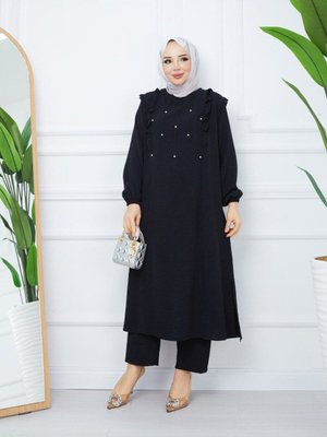 Boncuklu Taşlı Fırfırlı Tunik Pantolon Aerobin Büyük Beden İkili Takım