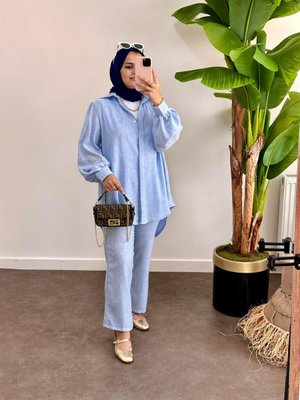 Pamuk Keten Kolu Taşlı Takım Mavi Pamuk Keten Kolu Taşlı Takım Mavi