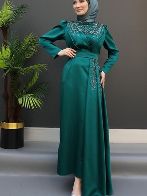 Pelerini Taşlı Saten Abiye Elbise Zümrüt