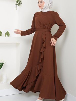 Eteği Fırfırlı Drapeli Elbise Kahverengi Eteği Fırfırlı Drapeli Elbise Kahverengi