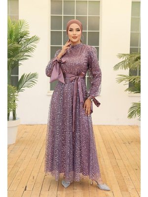 Lila Larissa Boncuklu Tül Abiye Elbise