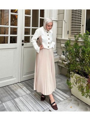 Pliseli Saten Görünümlü Etek (krem)