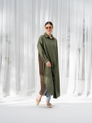 Biye Detaylı Pamuklu Gömlek Yeşil Kahverengi