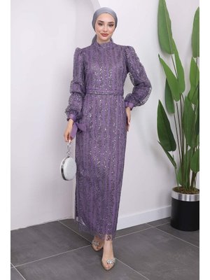 Lila Simli Kol Detaylı Abiye Elbise