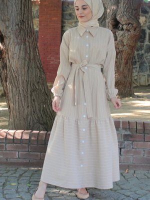 Çizgili Önden Düğmeli Gömlek Elbise