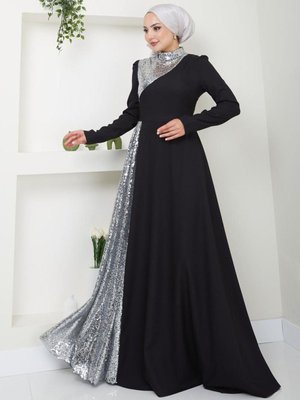 Pullu Krep Uzun Ebiye Elbise Gümüş