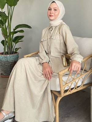 Piliseli Etekli Bej Keten Takım