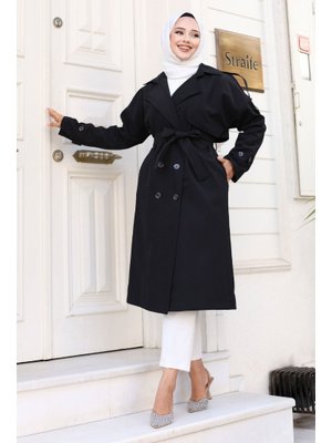 Siyah Arkası Düğme Detaylı Kruvaze Yaka Trençkot