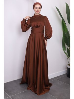 Kahverengi Ön Bağlamlı Saten Abiye Elbise Kahverengi Ön Bağlamlı Saten Abiye Elbise