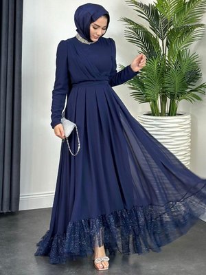 Yaka Taşlı Altı Dantelli Abiye Elbise Lacivert Yaka Taşlı Altı Dantelli Abiye Elbise Lacivert