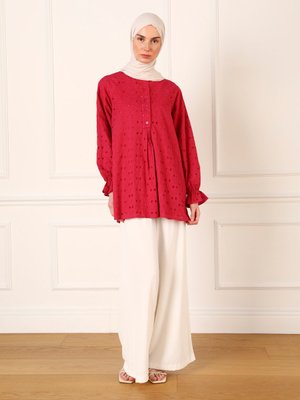 Vişne Fisto Nakışlı Önü Pat Detaylı Düğmeli Tunik