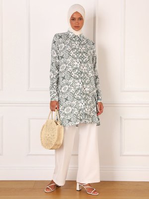 Yeşil Doğal Kumaşlı Etnik Desenli Tunik