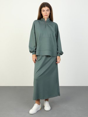 Yumuşak Dokulu Pamuklu Sweatshirt & Etek Takım Asker Yeşili
