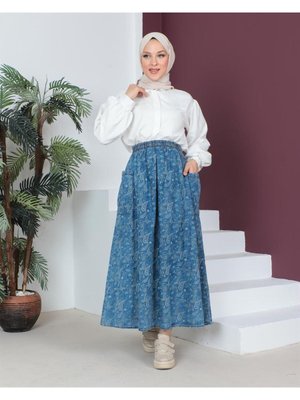 Cep Detaylı Şal Desenli Açık Kar Yıkama Kot Etek