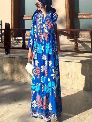 Mavi Ekru Desenli Viskon Elbise