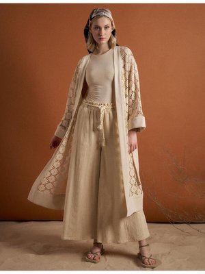 Beli Bağcıklı Bol Paça Pantolon Krem