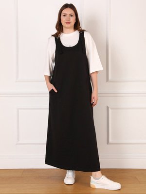 Siyah Büyük Beden Askılı Örme Spor Salopet Elbise