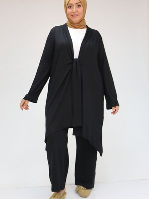 Siyah Büyük Beden Önü Bağlamalı Pantolonlu Takım Siyah Büyük Beden Önü Bağlamalı Pantolonlu Takım