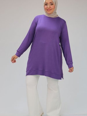 Leylak Büyük Beden Manşetli Penye Tunik