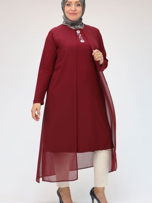 Bordo Büyük Beden Üst Şifon Taş Detaylı Sandy Tunik