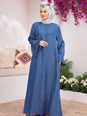 Düğmeli Kolları Fırfırlı Ferace Koyu Mavi