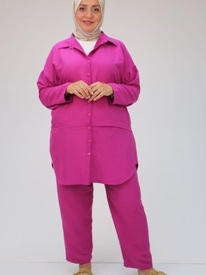 Fuşya Büyük Beden Önden Patlı Mucize Pantolonlu Takım Fuşya Büyük Beden Önden Patlı Mucize Pantolonlu Takım