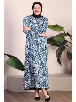 Uzun Buyuk Beden Anne Elbise Yazlik Tesettur Giyim Petrol Mavisi