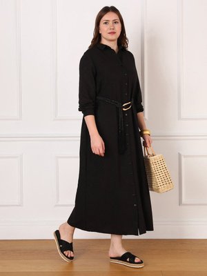 Siyah Büyük Beden Gömlek Yaka Düğmeli Aerobin Elbise