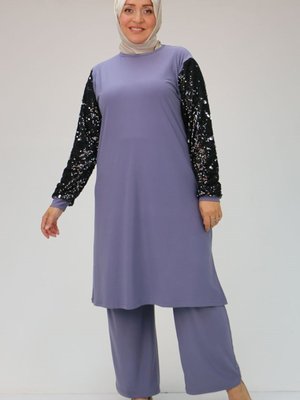 Açık Lila Büyük Beden Pul Payet Kollu Pantolonlu Takım Açık Lila Büyük Beden Pul Payet Kollu Pantolonlu Takım