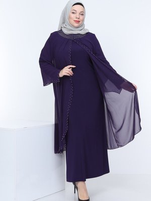 Boncuk Işlemeli Şifon Abiye Elbise Mor