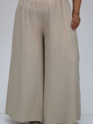 Bej Büyük Beden Beli Lastikli Keten Etek Pantolon