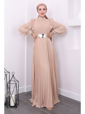 Vizon Yakası Fırfırlı Piliseli Kemerli Şifon Abiye Elbise