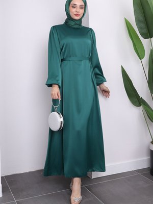 Zümrüt Yeşili Hakim Yaka Balon Kol Saten Abiye Elbise
