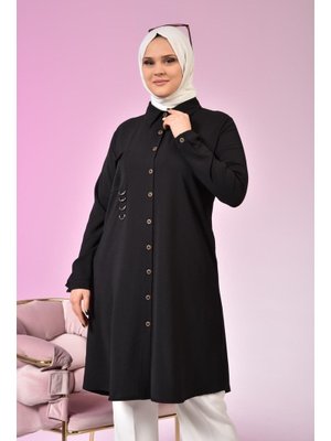 Siyah Buyuk Beden Tunik Tesettur Kadin Ayrobin Kumas